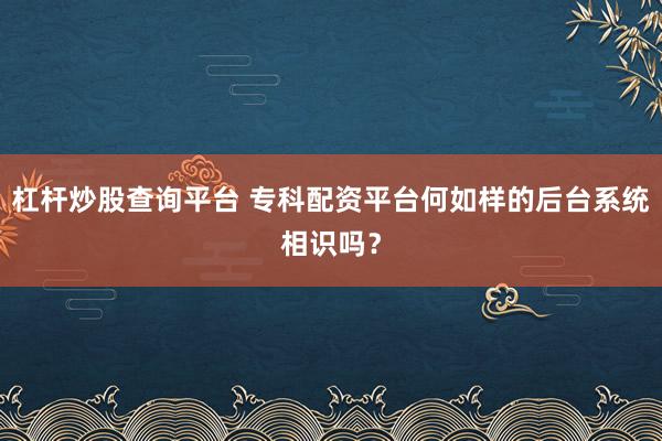 杠杆炒股查询平台 专科配资平台何如样的后台系统相识吗？
